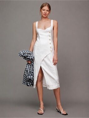 Anthropologie Sleeveless Square-Neck Linen Button Wrap Midi Dress XXS Grey Beige